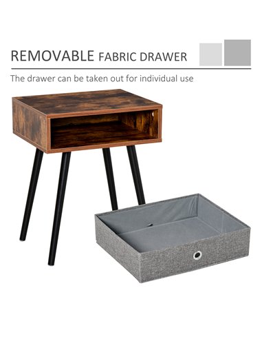 HOMCOM Side Table, Nightstand, End Table with Removable Fabric Drawer, Retro Style Accent Furniture with Wooden Legs, Rustic Bro