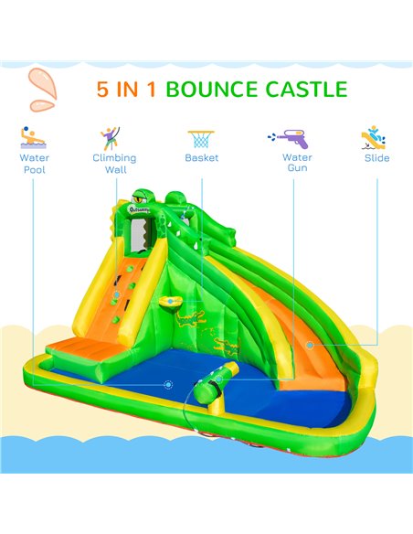 Outsunny 5 in 1 Kids Bouncy Castle Large Crocodile Style Inflatable House Slide Basket Water Pool Climbing Wall for Kids Age 3-8 - pic 6104 | FastDaddyshop