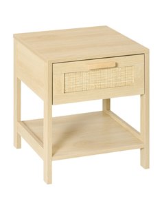 HOMCOM Bedside Table with Rattan Accent Drawer and Lower Shelf, Compact Nightstand for Bedroom or Living Room Storage 831-380