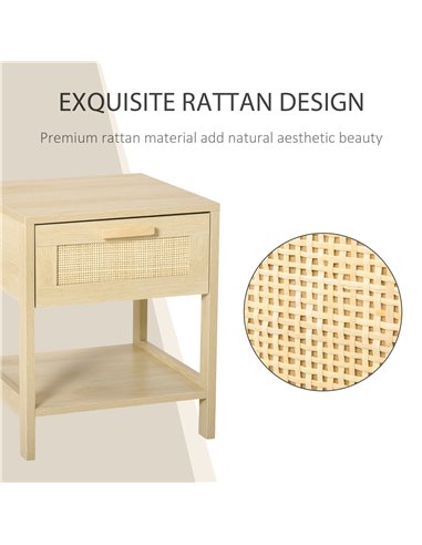 HOMCOM Bedside Table with Rattan Accent Drawer and Lower Shelf, Compact Nightstand for Bedroom or Living Room Storage 831-380