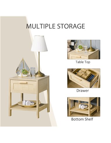 HOMCOM Bedside Table with Rattan Accent Drawer and Lower Shelf, Compact Nightstand for Bedroom or Living Room Storage 831-380