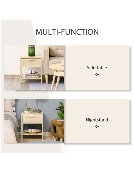 HOMCOM Bedside Table with Rattan Accent Drawer and Lower Shelf, Compact Nightstand for Bedroom or Living Room Storage 831-380 - pic 61056 | FastDaddyshop