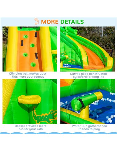 Outsunny 5 in 1 Kids Bouncy Castle Large Crocodile Style Inflatable House Slide Basket Water Pool Climbing Wall for Kids Age 3-8