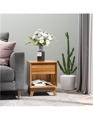 HOMCOM Bedside Table Nightstand, Modern End Table with Drawer and Shelf for Living Room, Walnut Brown 831-381