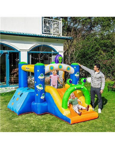 Outsunny 4 in 1 Kids Bounce Castle Large Alien-Style Inflatable House Slide Trampoline Climbing Wall Basket with for Kids Age 3-