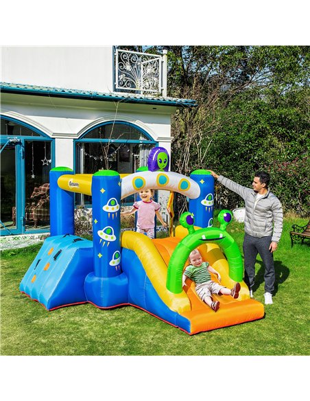 Outsunny 4 in 1 Kids Bounce Castle Large Alien-Style Inflatable House Slide Trampoline Climbing Wall Basket with for Kids Age 3- - pic 6110 | FastDaddyshop