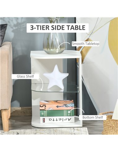 HOMCOM Three Layer Modern Bedside Table with 2 Storage Shelves, Side Nightstand for Living Room, Bedroom, White 839-120WT