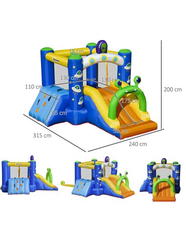 Outsunny 4 in 1 Kids Bounce Castle Large Alien-Style Inflatable House Slide Trampoline Climbing Wall Basket with for Kids Age 3-