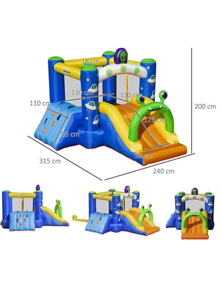 Outsunny 4 in 1 Kids Bounce Castle Large Alien-Style Inflatable House Slide Trampoline Climbing Wall Basket with for Kids Age 3- - pic 6111 | FastDaddyshop