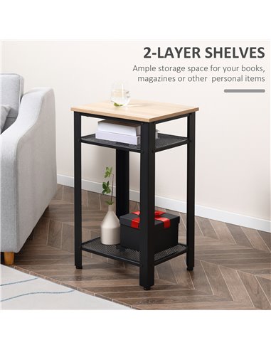 HOMCOM Industrial Chic Side Table, 3-Tier Bedside Table with 2 Storage Shelves & Metal Frame, Stylish Display Nightstand, On-Tre