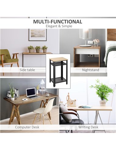 HOMCOM Industrial Chic Side Table, 3-Tier Bedside Table with 2 Storage Shelves & Metal Frame, Stylish Display Nightstand, On-Tre