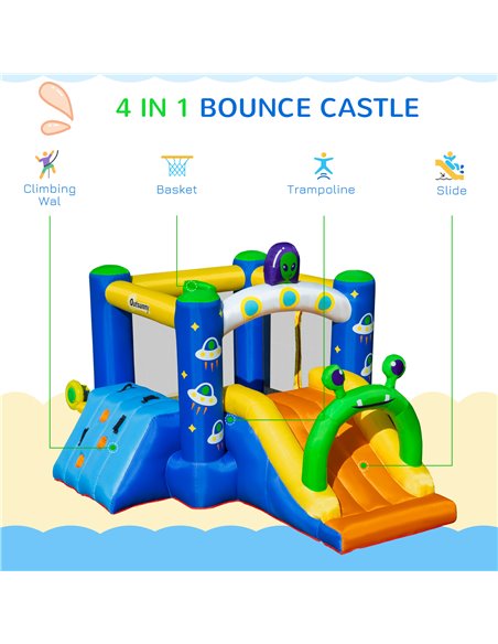 Outsunny 4 in 1 Kids Bounce Castle Large Alien-Style Inflatable House Slide Trampoline Climbing Wall Basket with for Kids Age 3- - pic 6112 | FastDaddyshop
