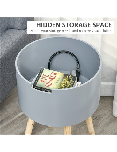 HOMCOM Round Side Table with Hidden Storage, Modern Night Stand with Removable Tray, Wood Frame, Grey 839-113GY