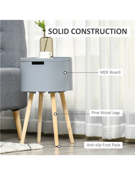HOMCOM Round Side Table with Hidden Storage, Modern Night Stand with Removable Tray, Wood Frame, Grey 839-113GY - pic 61127 | FastDaddyshop