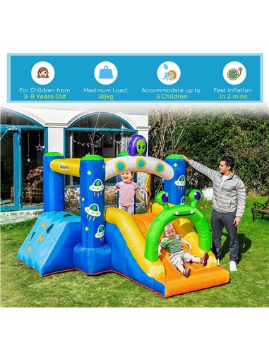 Outsunny 4 in 1 Kids Bounce Castle Large Alien-Style Inflatable House Slide Trampoline Climbing Wall Basket with for Kids Age 3-