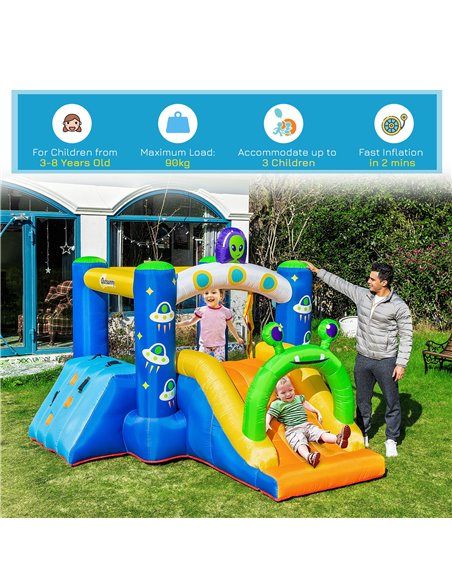 Outsunny 4 in 1 Kids Bounce Castle Large Alien-Style Inflatable House Slide Trampoline Climbing Wall Basket with for Kids Age 3- - pic 6113 | FastDaddyshop