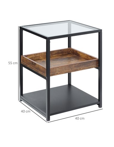 HOMCOM Industrial Side Table, 3-Tier End Table with Storage Shelves, Nightstand with Steel Frame for Bedroom, Living Room, Rusti