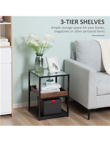 HOMCOM Industrial Side Table, 3-Tier End Table with Storage Shelves, Nightstand with Steel Frame for Bedroom, Living Room, Rusti