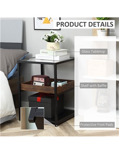 HOMCOM Industrial Side Table, 3-Tier End Table with Storage Shelves, Nightstand with Steel Frame for Bedroom, Living Room, Rusti