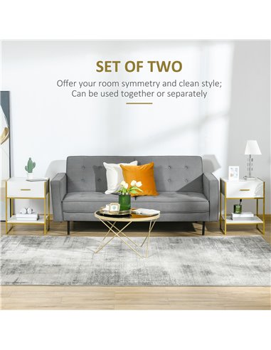 HOMCOM Bedside Tables, Set of 2, Modern Nightstands with Drawer & Shelf, Bedroom Furniture, White 831-P032