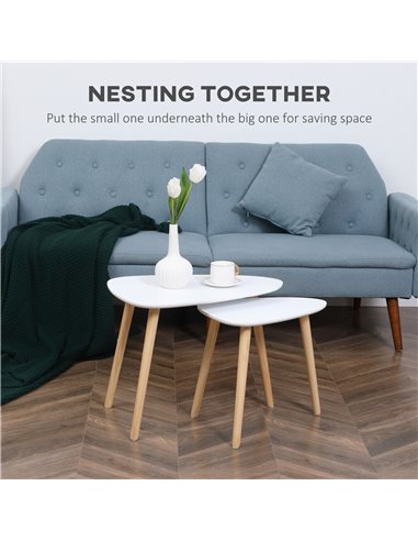 HOMCOM Set of 2 Modern Triangular Nesting Side Tables, End Tables with Solid Wood Legs for Living Room, Bedroom, White 839-271