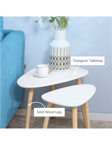 HOMCOM Set of 2 Modern Triangular Nesting Side Tables, End Tables with Solid Wood Legs for Living Room, Bedroom, White 839-271