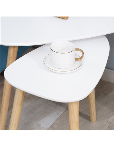 HOMCOM Set of 2 Modern Triangular Nesting Side Tables, End Tables with Solid Wood Legs for Living Room, Bedroom, White 839-271