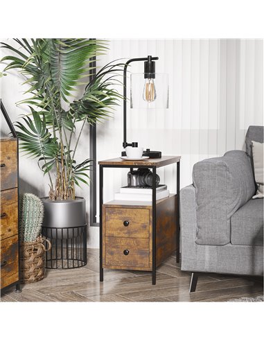 HOMCOM Side Table with 2 Drawers and Storage Shelf, Narrow End Table Bedside Table with Metal Frame for Small Spaces, Rustic Bro
