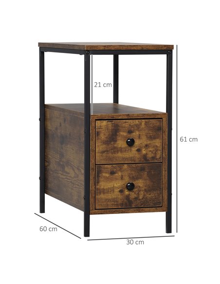 HOMCOM Side Table with 2 Drawers and Storage Shelf, Narrow End Table Bedside Table with Metal Frame for Small Spaces, Rustic Bro - pic 61232 | FastDaddyshop