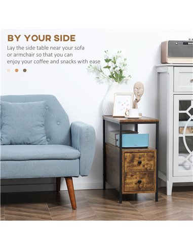 HOMCOM Side Table with 2 Drawers and Storage Shelf, Narrow End Table Bedside Table with Metal Frame for Small Spaces, Rustic Bro