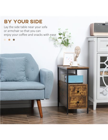 HOMCOM Side Table with 2 Drawers and Storage Shelf, Narrow End Table Bedside Table with Metal Frame for Small Spaces, Rustic Bro - pic 61233 | FastDaddyshop
