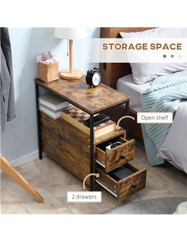 HOMCOM Side Table with 2 Drawers and Storage Shelf, Narrow End Table Bedside Table with Metal Frame for Small Spaces, Rustic Bro
