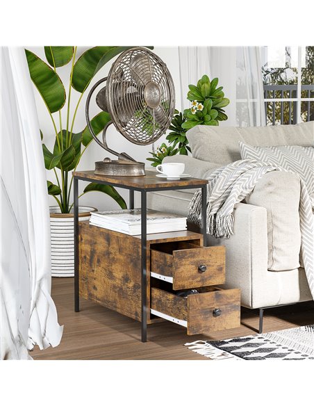 HOMCOM Side Table with 2 Drawers and Storage Shelf, Narrow End Table Bedside Table with Metal Frame for Small Spaces, Rustic Bro - pic 61236 | FastDaddyshop