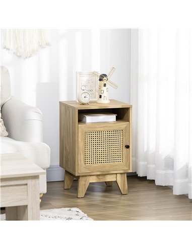 HOMCOM Bedside Cabinet with Rattan Detail, Side Table with Shelf & Cupboard, 39x35x60cm, Natural 831-599V02ND