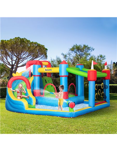 Outsunny 5 in 1 Kids Bounce Castle Large Castle Style Inflatable House Slide Trampoline Pool Water Gun Climbing Wall for Kids Ag - pic 6126 | FastDaddyshop
