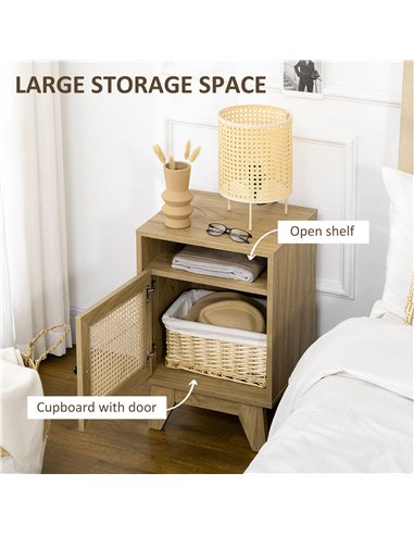 HOMCOM Bedside Cabinet with Rattan Detail, Side Table with Shelf & Cupboard, 39x35x60cm, Natural 831-599V02ND