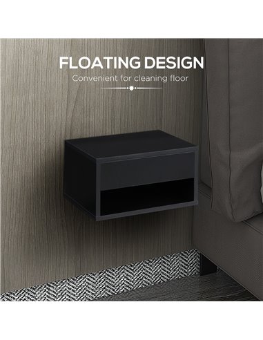 HOMCOM 2 Pieces Bedside Table Wall Mounted Nightstand with Drawer and Shelf for Bedroom, 37 x 32 x 21cm, High Gloss Black 831-63