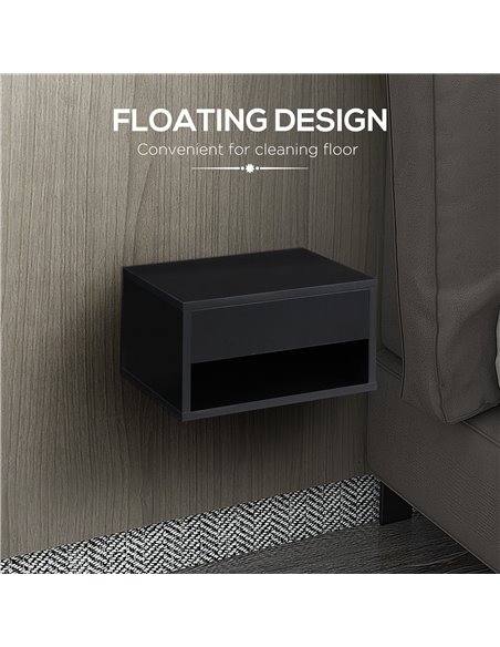 HOMCOM 2 Pieces Bedside Table Wall Mounted Nightstand with Drawer and Shelf for Bedroom, 37 x 32 x 21cm, High Gloss Black 831-63 - pic 61279 | FastDaddyshop