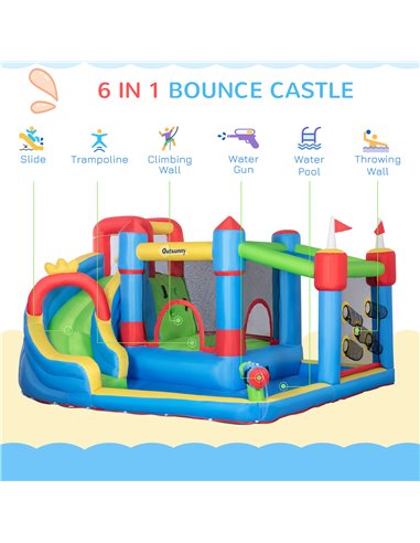 Outsunny 5 in 1 Kids Bounce Castle Large Castle Style Inflatable House Slide Trampoline Pool Water Gun Climbing Wall for Kids Ag