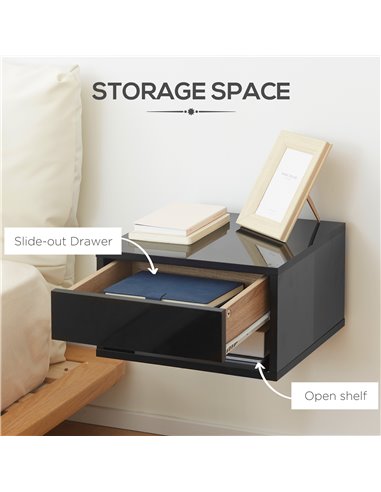 HOMCOM 2 Pieces Bedside Table Wall Mounted Nightstand with Drawer and Shelf for Bedroom, 37 x 32 x 21cm, High Gloss Black 831-63
