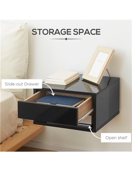 HOMCOM 2 Pieces Bedside Table Wall Mounted Nightstand with Drawer and Shelf for Bedroom, 37 x 32 x 21cm, High Gloss Black 831-63 - pic 61280 | FastDaddyshop