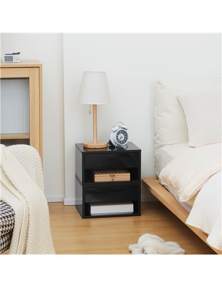 HOMCOM 2 Pieces Bedside Table Wall Mounted Nightstand with Drawer and Shelf for Bedroom, 37 x 32 x 21cm, High Gloss Black 831-63 - pic 61281 | FastDaddyshop