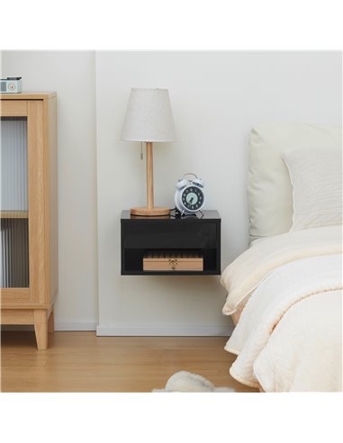HOMCOM 2 Pieces Bedside Table Wall Mounted Nightstand with Drawer and Shelf for Bedroom, 37 x 32 x 21cm, High Gloss Black 831-63