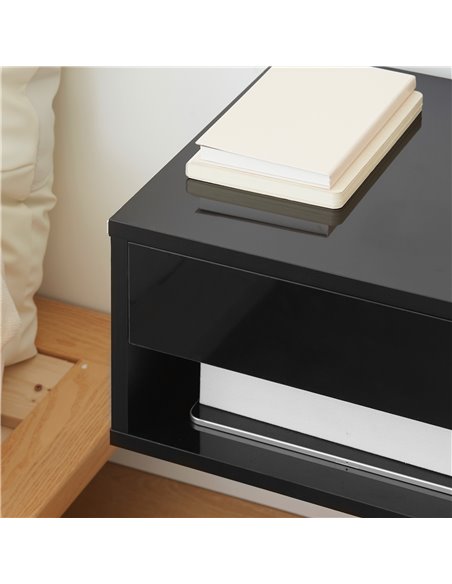 HOMCOM 2 Pieces Bedside Table Wall Mounted Nightstand with Drawer and Shelf for Bedroom, 37 x 32 x 21cm, High Gloss Black 831-63 - pic 61283 | FastDaddyshop