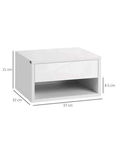 HOMCOM 2 Pieces Bedside Table Wall Mounted Nightstand with Drawer and Shelf for Bedroom, 37 x 32 x 21cm, High Gloss White 831-63