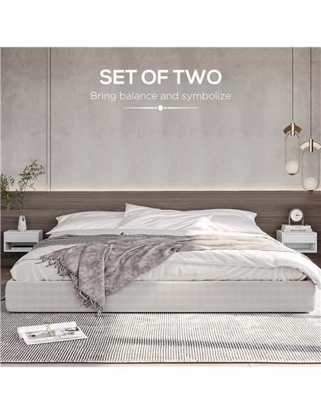 HOMCOM 2 Pieces Bedside Table Wall Mounted Nightstand with Drawer and Shelf for Bedroom, 37 x 32 x 21cm, High Gloss White 831-63 - pic 61287 | FastDaddyshop