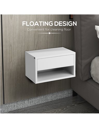 HOMCOM 2 Pieces Bedside Table Wall Mounted Nightstand with Drawer and Shelf for Bedroom, 37 x 32 x 21cm, High Gloss White 831-63