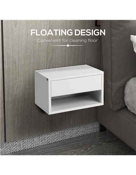 HOMCOM 2 Pieces Bedside Table Wall Mounted Nightstand with Drawer and Shelf for Bedroom, 37 x 32 x 21cm, High Gloss White 831-63 - pic 61288 | FastDaddyshop