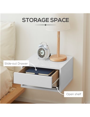 HOMCOM 2 Pieces Bedside Table Wall Mounted Nightstand with Drawer and Shelf for Bedroom, 37 x 32 x 21cm, High Gloss White 831-63