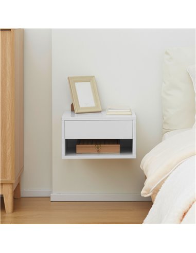 HOMCOM 2 Pieces Bedside Table Wall Mounted Nightstand with Drawer and Shelf for Bedroom, 37 x 32 x 21cm, High Gloss White 831-63